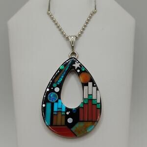 Native Zuni Galaxy Multi-Stone Pendant on 24-in Bead Chain in Sterling Silver